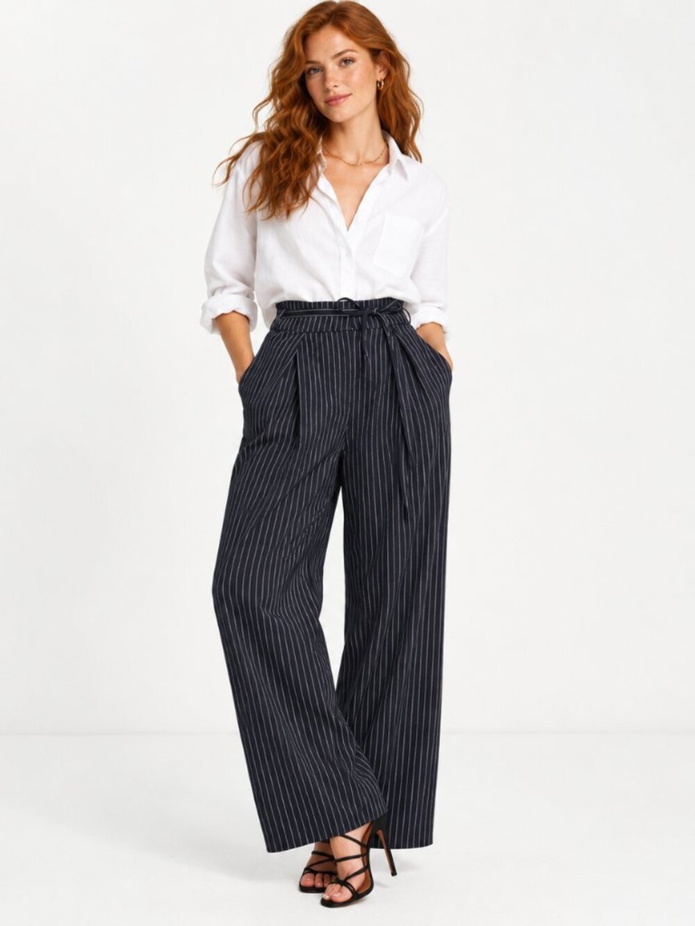 River Island Navy Pinstripe Wide Leg Pleated Tie Waist Trousers Pants 6 S